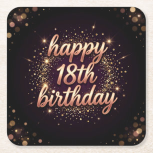 Rose‑Gold Sparkle Happy 18th Birthday Design Square Paper Coaster
