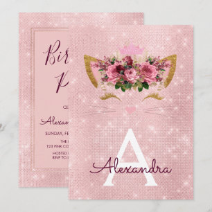 Rose Gold Sparkle Kitten Girly Birthday Party Invitation