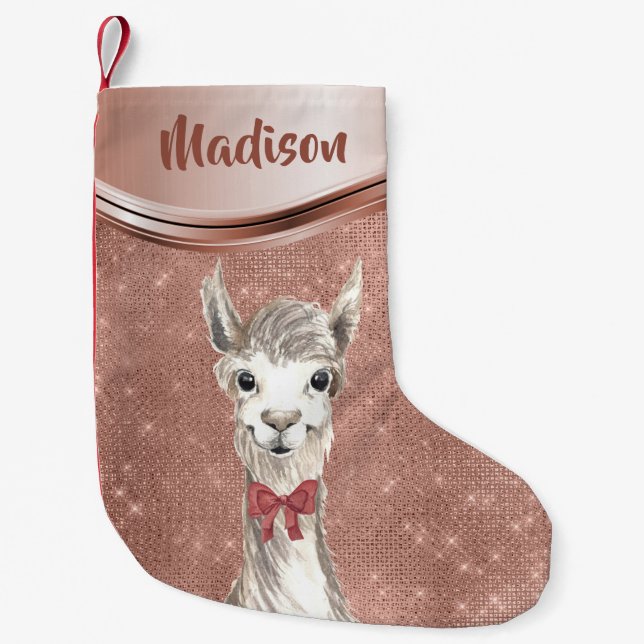 Rose Gold Sparkle Llama Pretty Personalised Small Christmas Stocking (Front)