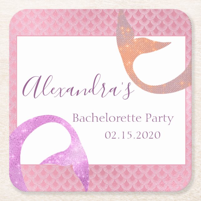 Rose Gold Sparkle Mermaid Bachelorette Party Square Paper Coaster (Front)