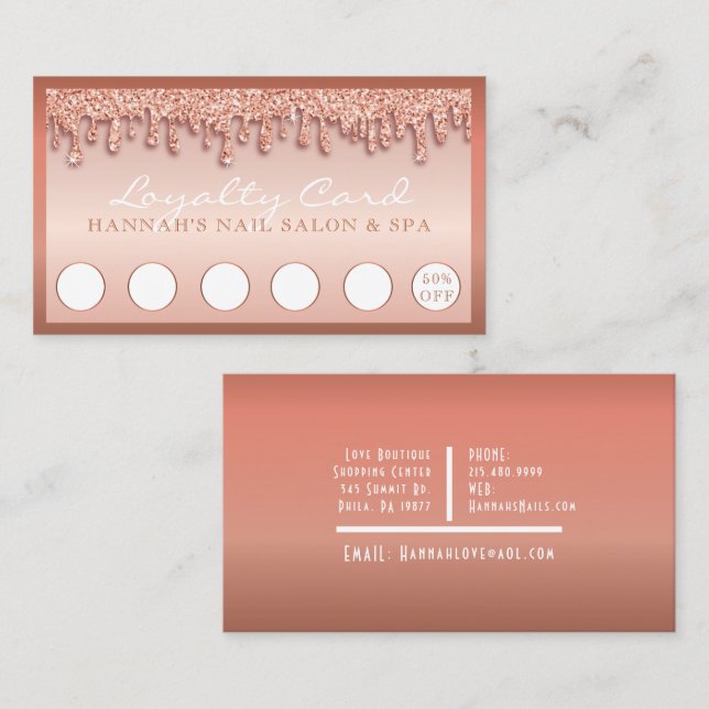 Rose Gold Sparkle Nail Salon Glitter Loyalty Card (Front/Back)