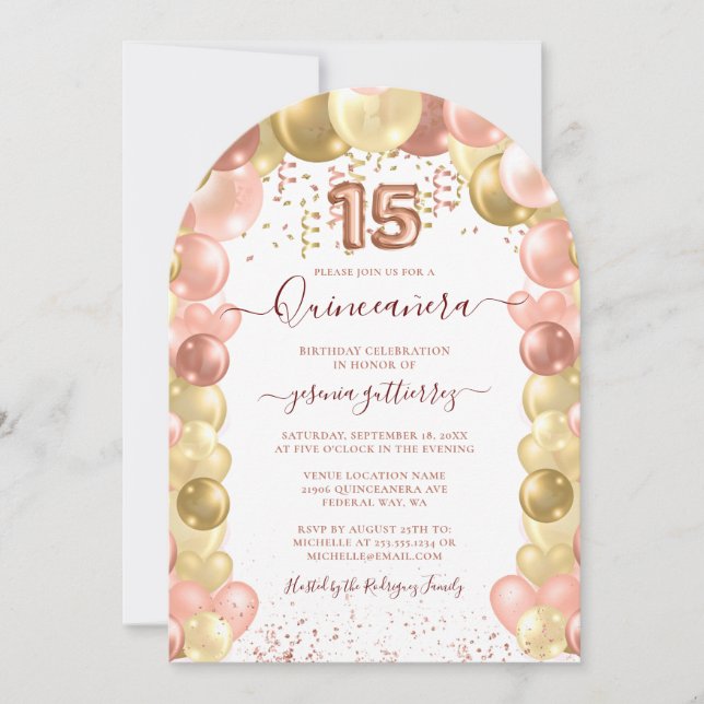 Rose Gold Sparkle Photo Quinceañera Balloon Invitation (Front)