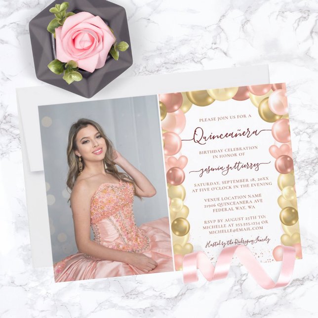 Rose Gold Sparkle Photo Quinceañera Balloon Invitation (Creator Uploaded)