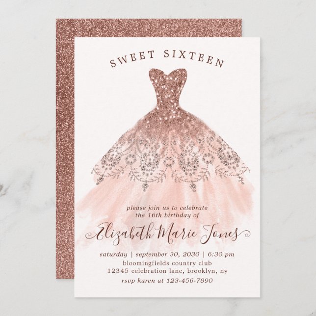 Rose Gold Sparkle Pink Dress Sweet 16th Birthday Invitation (Front/Back)