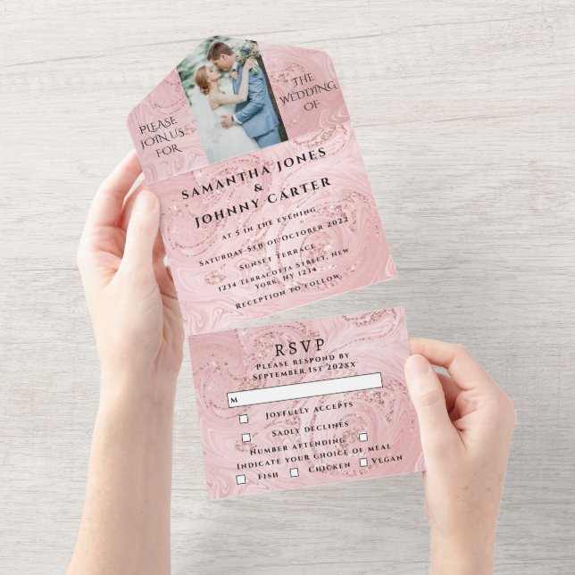 Rose Gold Sparkle RSVP Elegant Photo Wedding  All In One Invitation (Tearaway)