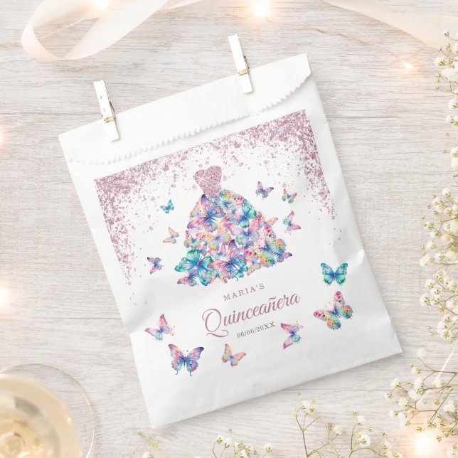 Rose Gold Sparkling Butterflies Gown Quinceanera Favour Bag (Clipped)