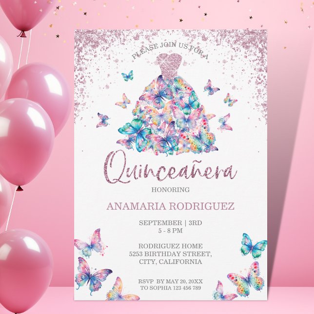 Rose Gold Sparkling Butterflies Gown Quinceanera Invitation (Creator Uploaded)