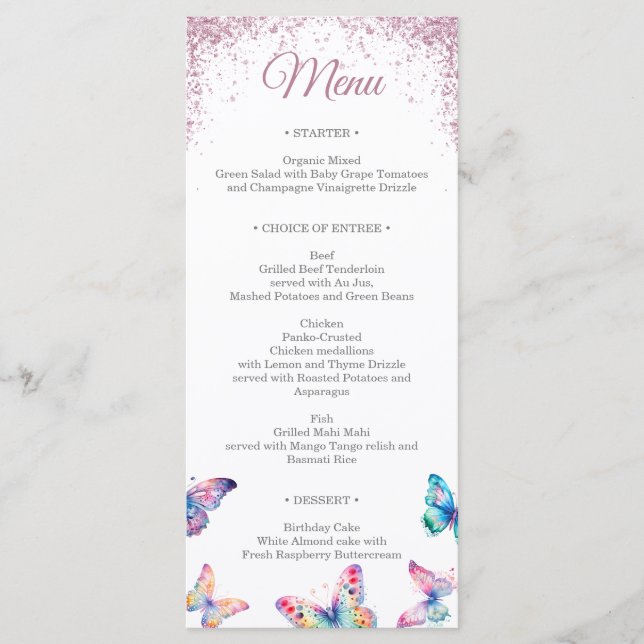 Rose Gold Sparkling Butterflies Gown Quinceanera Menu (Front)