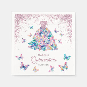 Rose Gold Sparkling Butterflies Gown Quinceanera Napkin