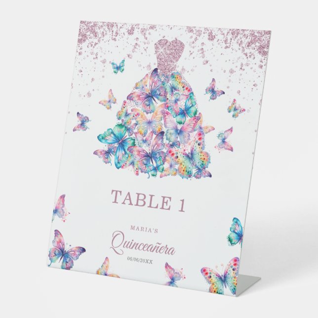 Rose Gold Sparkling Butterflies Gown Quinceanera Pedestal Sign (Front)