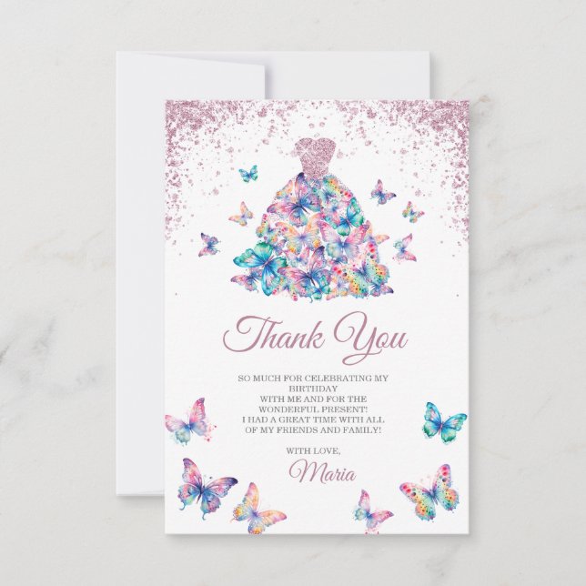 Rose Gold Sparkling Butterflies Gown Quinceanera Thank You Card (Front)