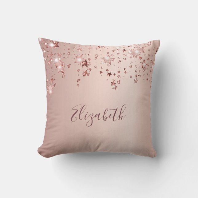 Rose gold sparkling stars girly pink metallic name cushion (Front)