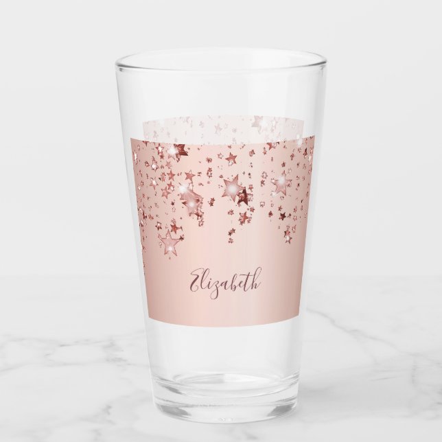 Rose gold sparkling stars glam pink name glass (Front)