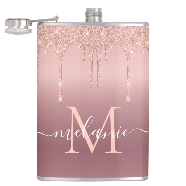 Rose Gold Sparkly Flask Personalized Name Letter (Opened)