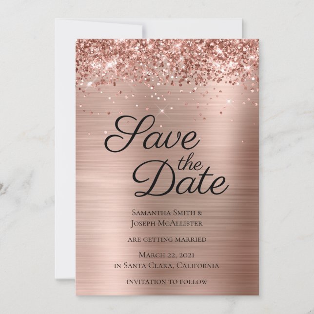 Rose Gold Sparkly Glitter and Ombre Foil Save The Date (Front)