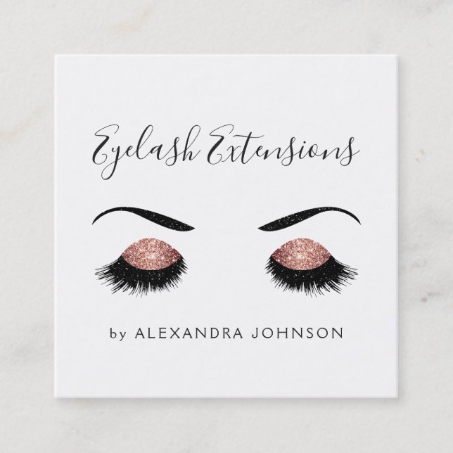 Rose Gold Sparkly Glitter Eyelash Extension Square Business Card (Front)