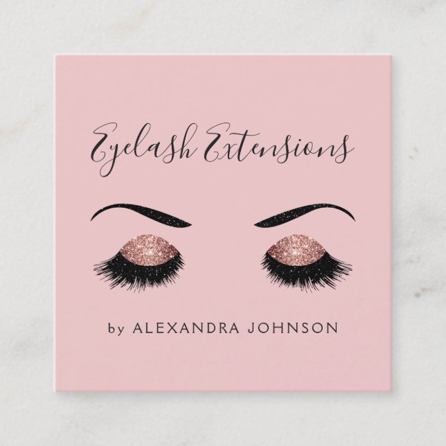 Rose Gold Sparkly Glitter Eyelash Extension Square Business Card (Front)