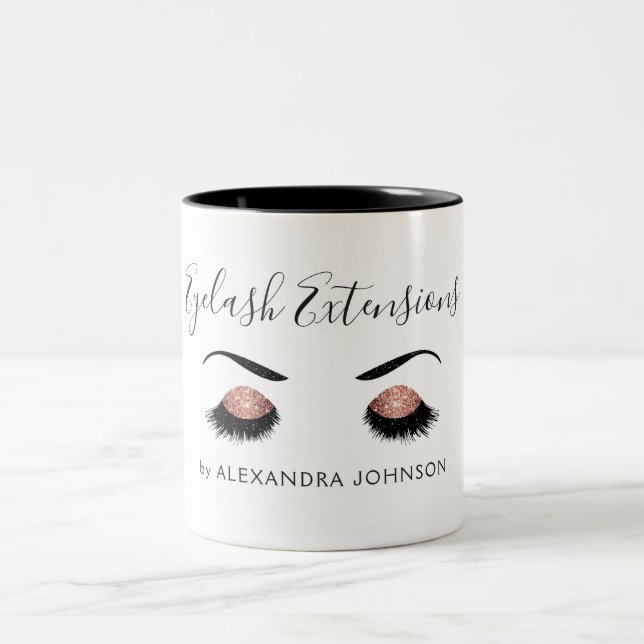Rose Gold Sparkly Glitter Eyelash Extensions Two-Tone Coffee Mug (Center)