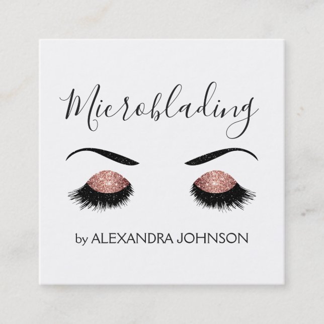 Rose Gold Sparkly Glitter Modern Microblading Square Business Card (Front)