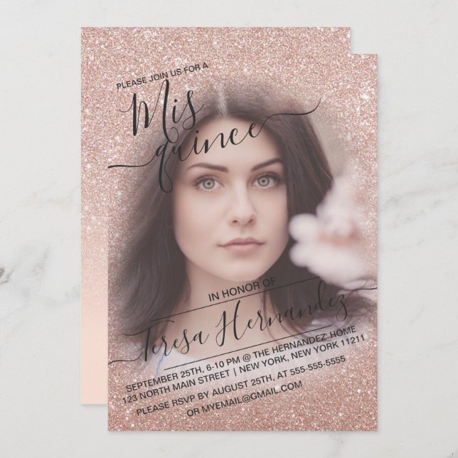 Rose Gold Sparkly Glitter Ombre Photo Quinceañera Invitation (Front/Back)