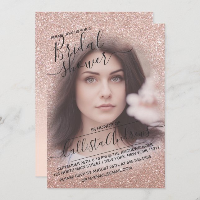 Rose Gold Sparkly Glitter Photo Bridal Shower Invitation (Front/Back)