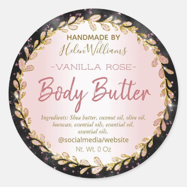 Rose Gold Sparkly Stars Black Body Butter Labels (Front)