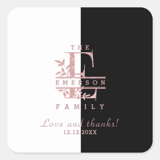 Rose Gold Split Custom Monogram E F G H I J Square Sticker (Front)