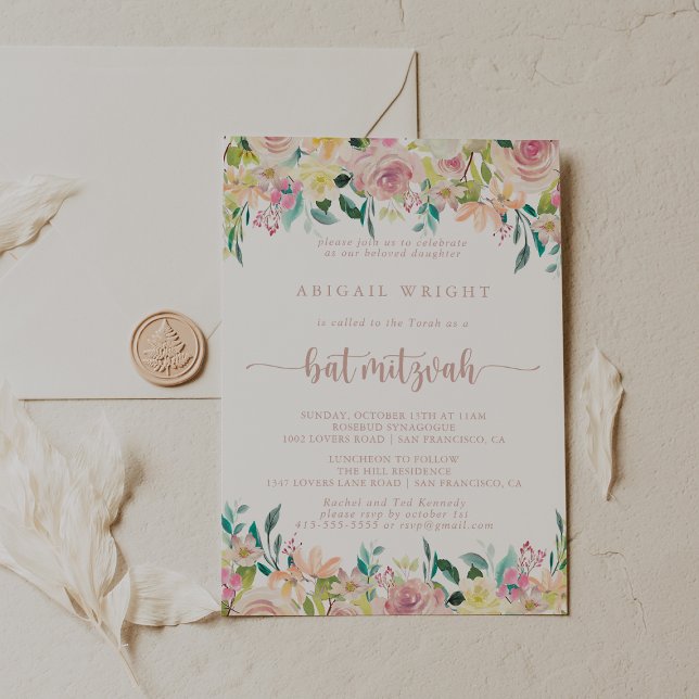 Rose Gold Spring Floral Bat Mitzvah   Invitation (Creator Uploaded)