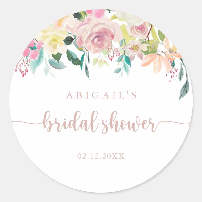 Rose Gold Spring Floral Bridal Shower Favour    Classic Round Sticker (Front)