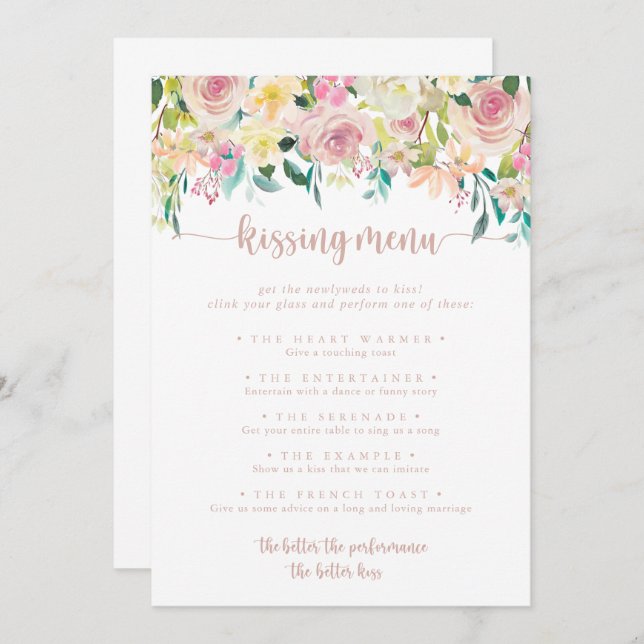 Rose Gold Spring Floral Kissing Menu Game Card (Front/Back)