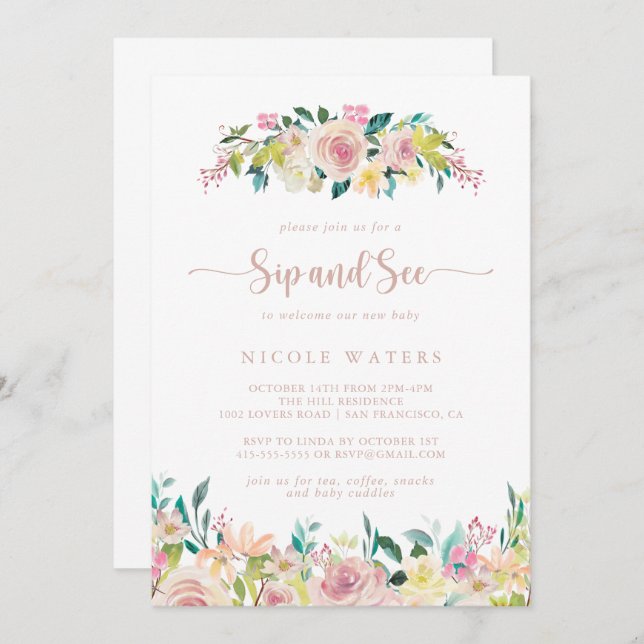 Rose Gold Spring Floral Sip and See  Invitation (Front/Back)