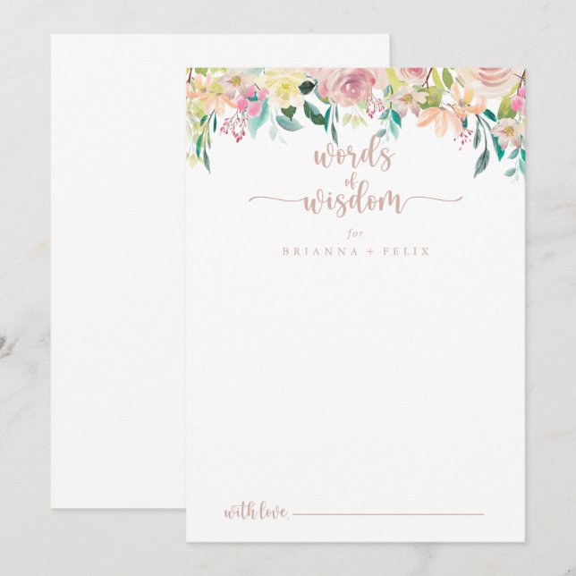 Rose Gold Spring Floral Wedding Words of Wisdom   Advice Card (Front/Back)