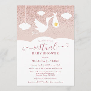 Rose Gold Star Stork Glitter Virtual Baby Shower Invitation