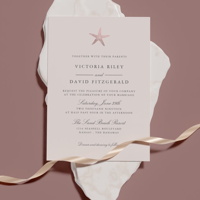 Rose Gold Starfish Elegant Ocean Beach wedding Invitation (Creator Uploaded)