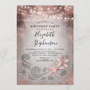 Rose Gold Starfish Tropical Beach Lights Birthday Invitation