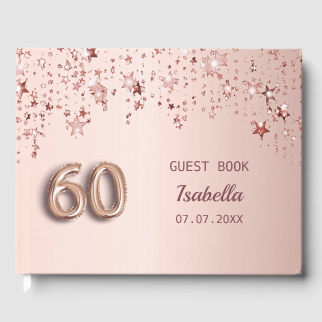Rose gold stars 60th birthday guest book (Front)
