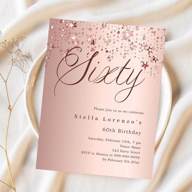 Rose gold stars 60th birthday invitation (Creator Uploaded)
