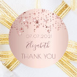 Rose gold stars birthday Thank You Classic Round Sticker<br><div class="desc">A sticker,  favour tag for a girly birthday.  A faux rose gold background with an elegant rose gold,  copper coloured stars. The text: Thank You.  Template for name and a date. The name is written in dark rose gold with a large modern hand lettered style script.</div>