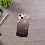 Rose gold stars black name Case-Mate iPhone 14 case<br><div class="desc">An elegant,  girly,  glam phone case. Rose gold stars.   Black,  brown,  coffee latte coloured ombre,  gradient background. Personalise and add your name,  written with a modern hand lettered style script. Rose gold coloured letters.</div>