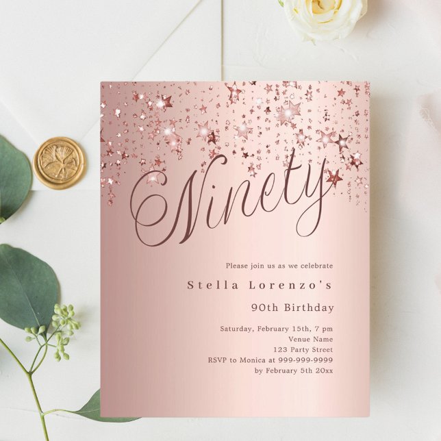 Rose gold stars budget 90th birthday invitation (Creator Uploaded)