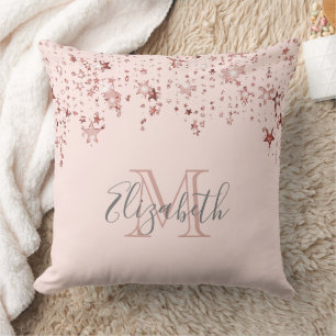 Rose gold stars girly pink monogram name cushion