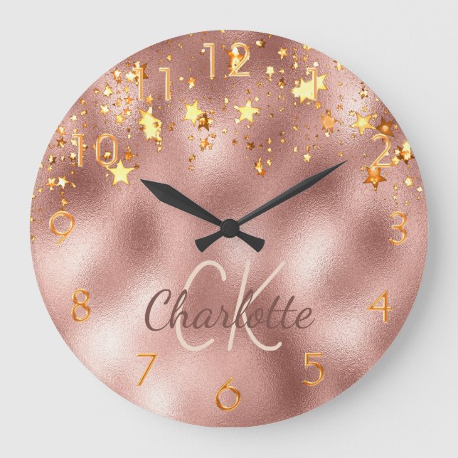 Rose gold stars monogram script large clock (Front)
