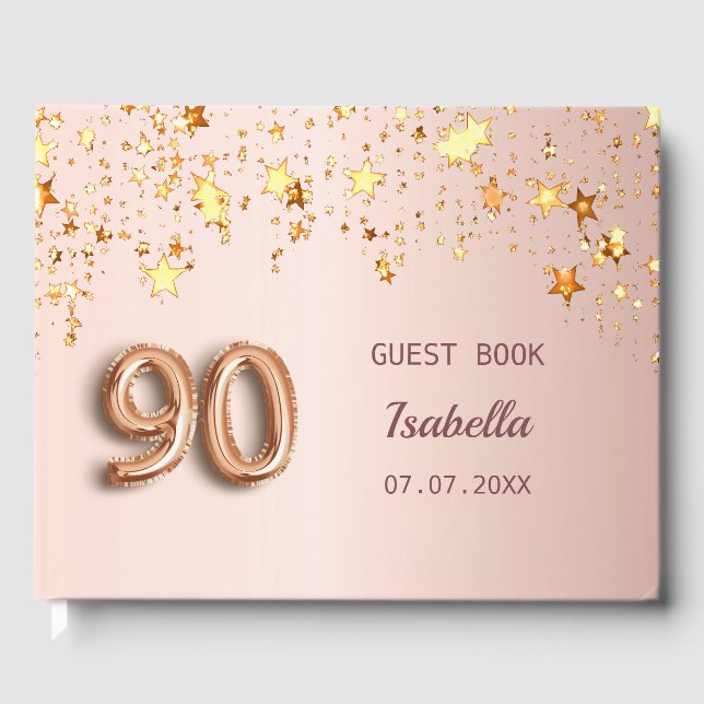 Rose gold stars name 90th birthday guest book (Front)