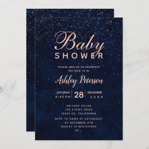 Rose gold stars navy blue watercolor baby shower invitation