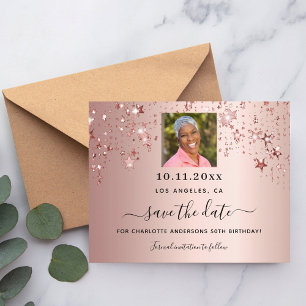 Rose gold stars photo birthday save the date card