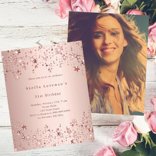Rose gold stars photo budget birthday invitation