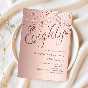Rose gold stars script 80th birthday invitation