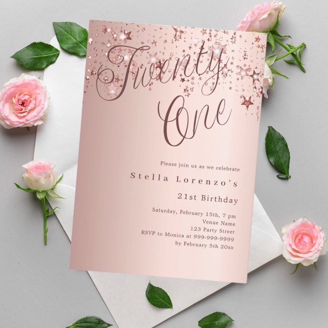 Rose gold stars script luxury 21st birthday invitation (Creator Uploaded)