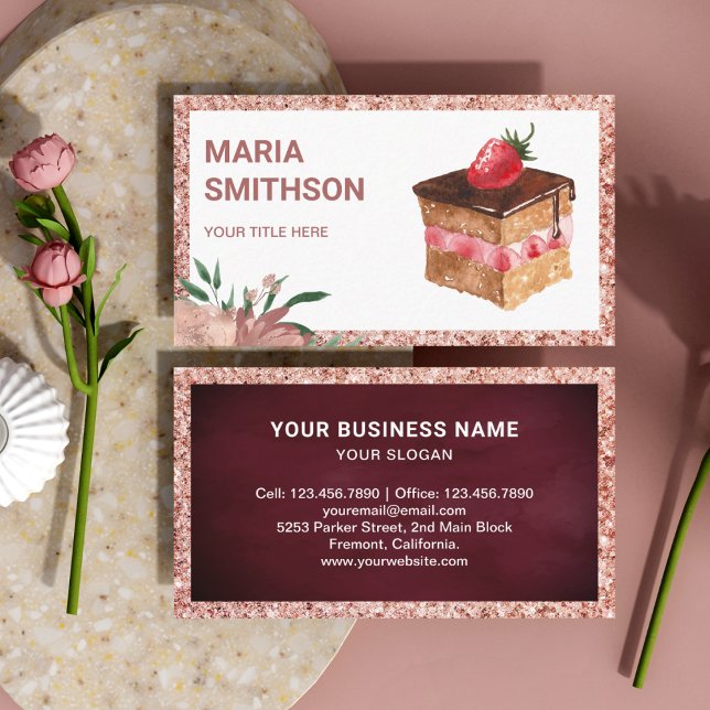 Rose Gold Strawberry Cake Slice Pastry Chef Bakery Business Card (Creator Uploaded)
