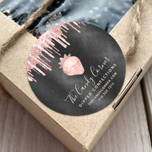 Rose Gold Strawberry Glitter Drip Confection Black Classic Round Sticker